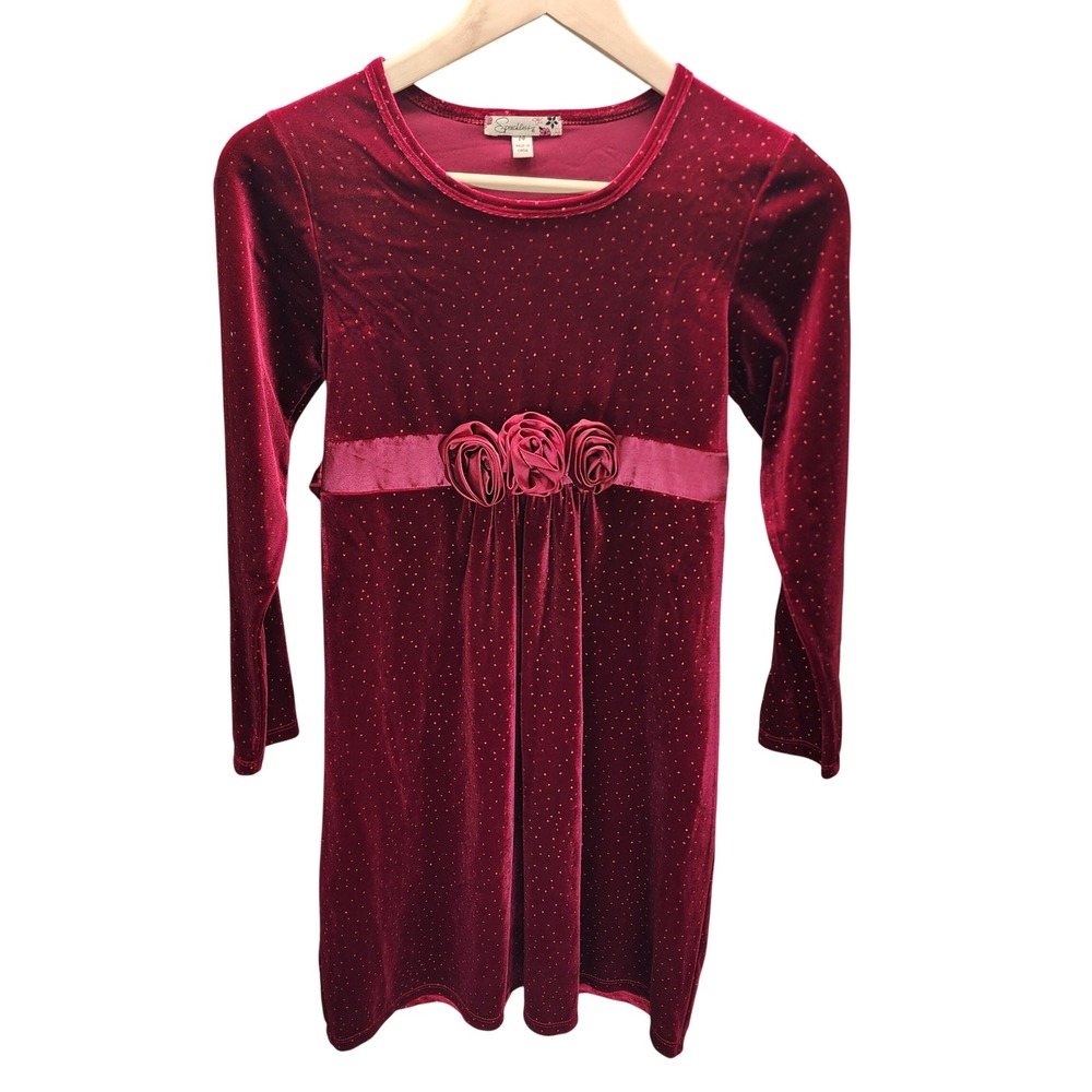 Speechless Girls Burgundy Red Velvet Glitter Dot Rosette Party Dress Size 14